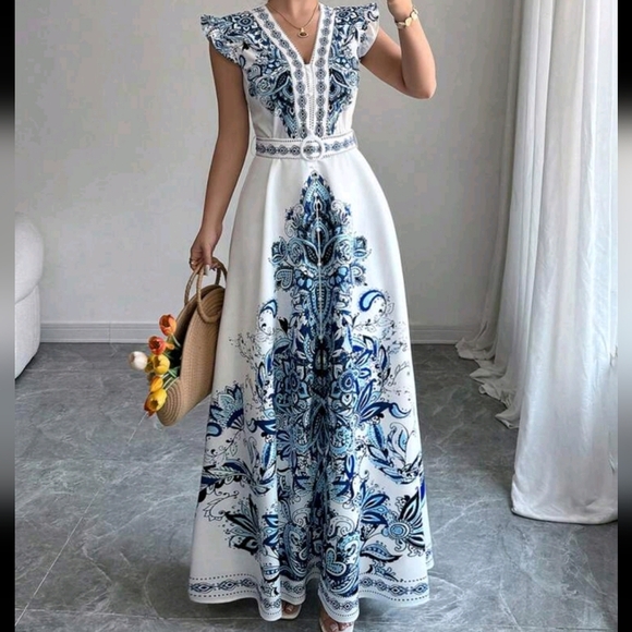 Long Retro V-Neck Open Front Short Cap Sleeve Lightweight Summer Dress - Picture 3 of 4